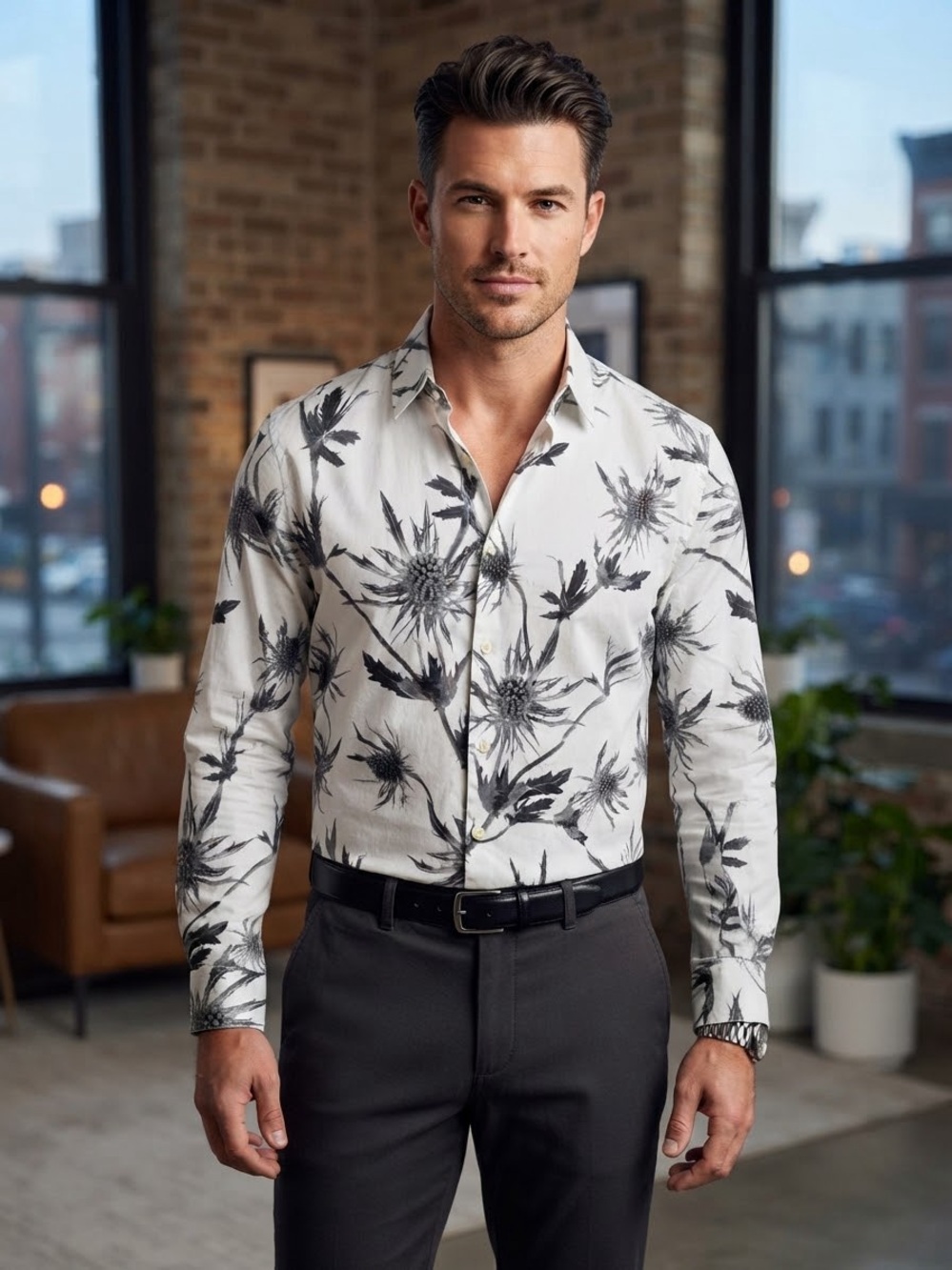 Ted Baker London 6 Men's XXL White Gray Plant Print Long Sleeve Button Up Shirt